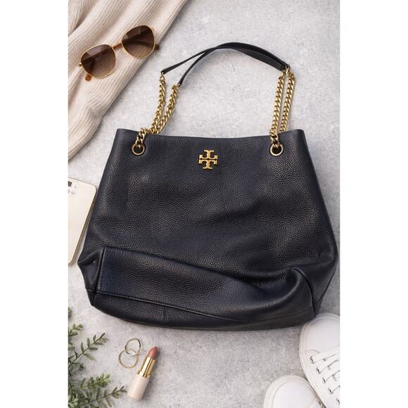 Tory Burch Pebbled Leather Tote Black Gold Chain Shoulder Bag Quiet Luxury - Picture 5 of 8